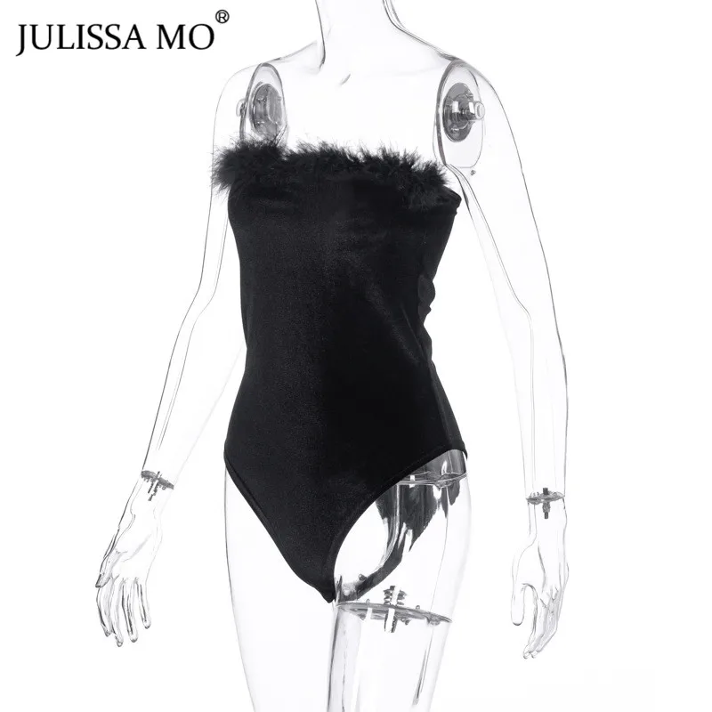 Julissa mo черное искусственное меховое перо Сексуальное Женское боди без рукавов с открытыми плечами женские бархатные без бретелек Клубные Вечерние боди