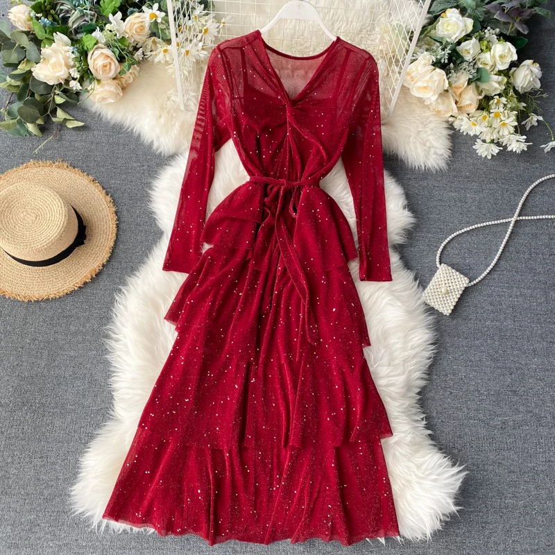 HISUMA весна-осень 2020 новое женское платье с v-образным вырезом и длинным рукавом