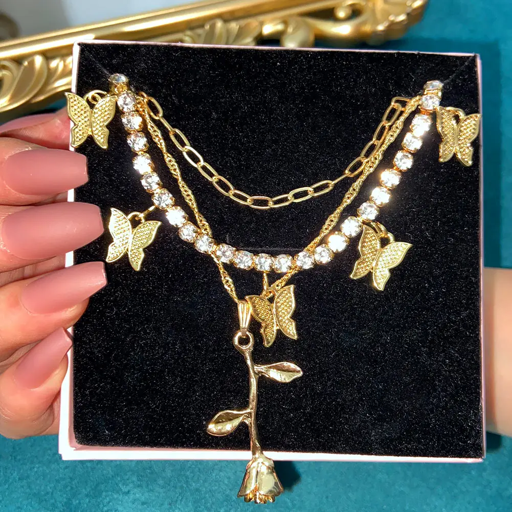 

Flatfoosie Multi Layer Butterfly Crystal Pendant Necklace for Women Gold Color Metal Flower Choker Necklace Boho Jewelry Gift