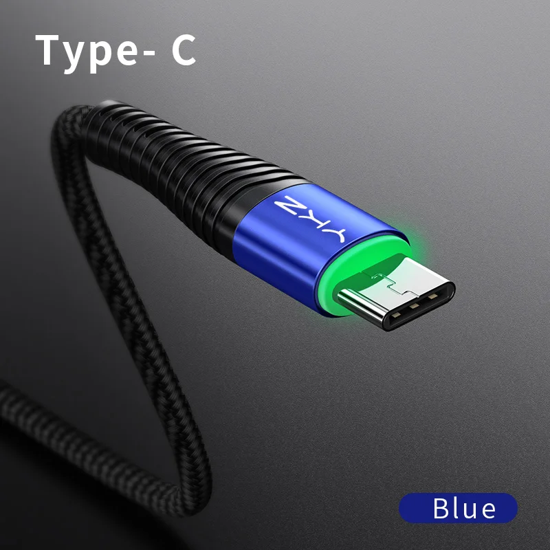 Blue YKZ светодиодный светильник usb type C кабель 3A Быстрая зарядка зарядное устройство USB-C type-c кабель для samsung S10 S9 Xiaomi Mi 9 8 One Plus USB C шнур - Цвет: Blue