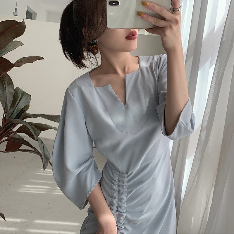 GALCAUR Drawstring Ruched женские платья три четверти рукав с высокой талией Асимметричные осенние платья Женская мода одежда