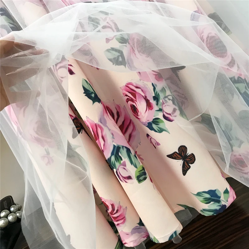 

New 2021 Elegant Pink 2 Piece Set Women Sweet Cross Bowknot Irregular Crop Top T Shirt + Mesh Floral Tulle Long Skirts Suits
