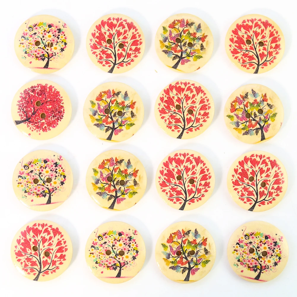 

20PC Real Wood Painted Flower Tree of Life Round 2-holes Flatback Button Sewing Craft DIY Polo Shirt Cardigan Scrapbooking Decor