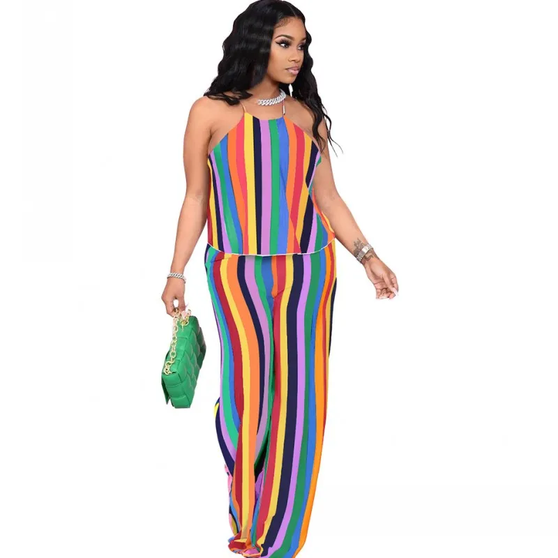 

В полоску; В африканском стиле; Одежда для женщин; Комплект из 2 предметов майки топы и брюки с широкими штанинами; Костюмы новые летние Цвета...