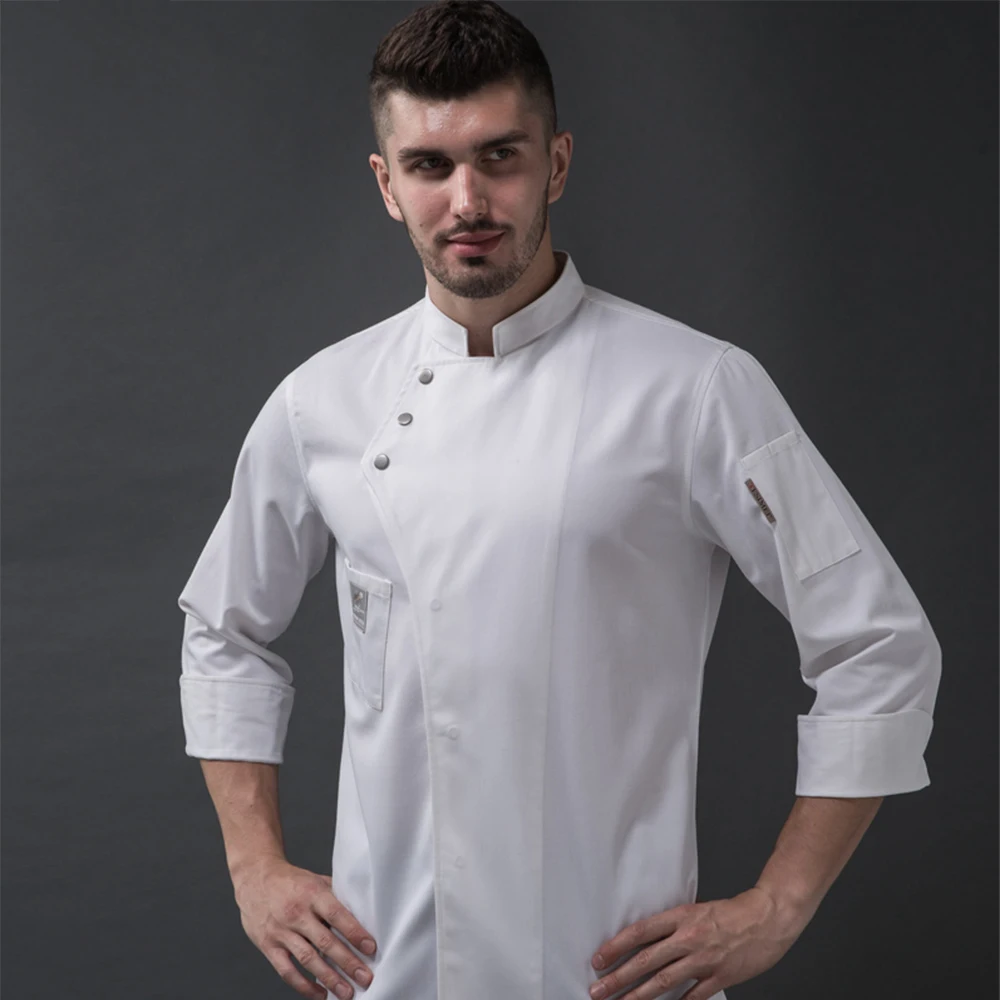 

Food Serive Work Uniform Unisex Casual Soft Chef Jackets Short Sleeve Oblique Collar Double Breasted Kitchen Catering Restaurant