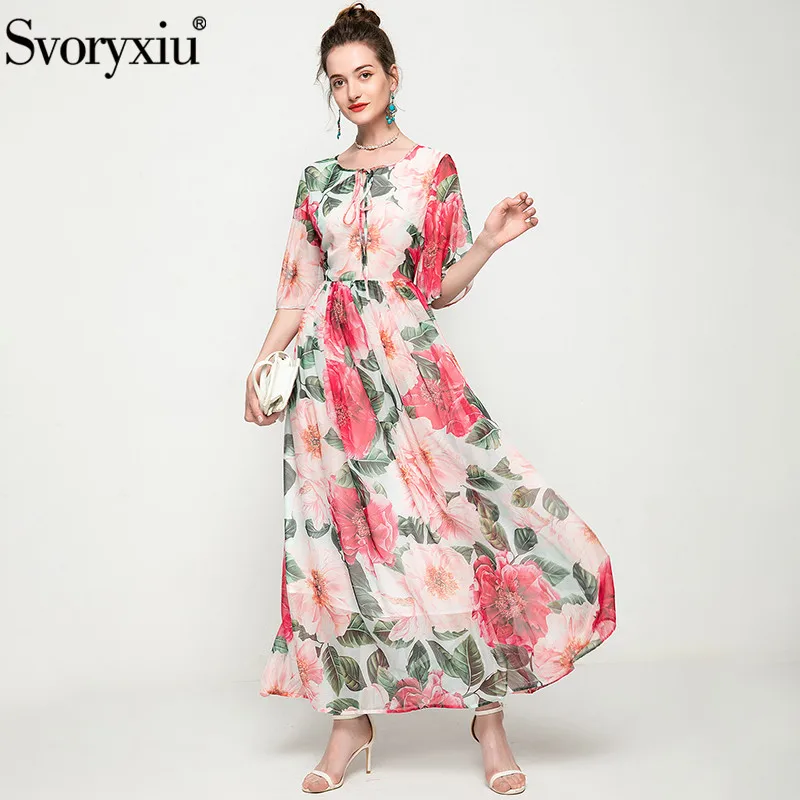 

Женское платье макси Svoryxiu, летнее платье с принтом камелии, Элегантное Длинное платье с рукавом до локтя в богемном стиле