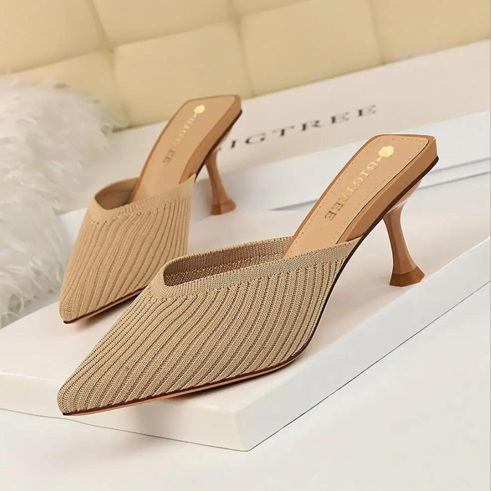 

Koovan Women's High Heel Slippers 2020 Sexy Luxury Shoes Women Designers Mule Heels Sandals Pumps Party Shoes Woman