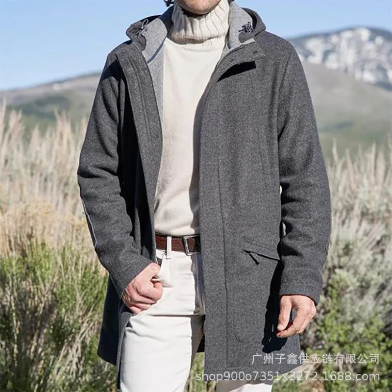 

Шерстяная ветровка, однотонная утепленная куртка с капюшоном, приталенная ветровка, длинная верхняя одежда, мужские зимние пальто, 2021