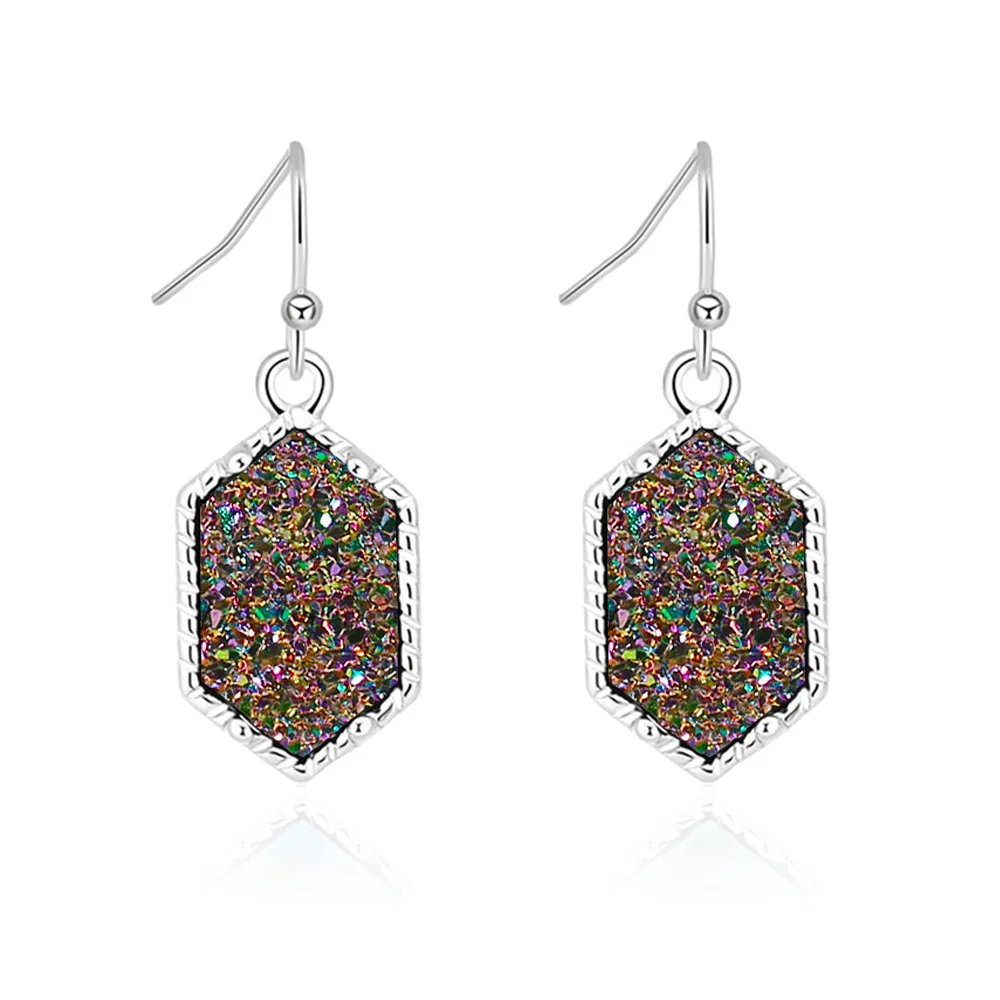 S multi Drusy шестигранные Висячие серьги, Имитация кристаллов, камни Друза, позолоченные сережки с серебряным покрытием, брендовые ювелирные изделия для женщин - Окраска металла: S multi