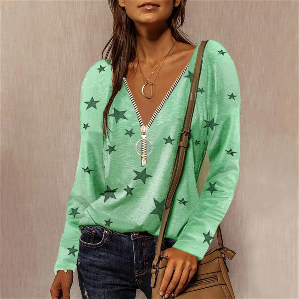 Autumn And Winter New Women's T-Shirt Loose Zipper V-Neck Sexy T-Shirt 2021 Casual Star Print Long-Sleeve Pullover Top