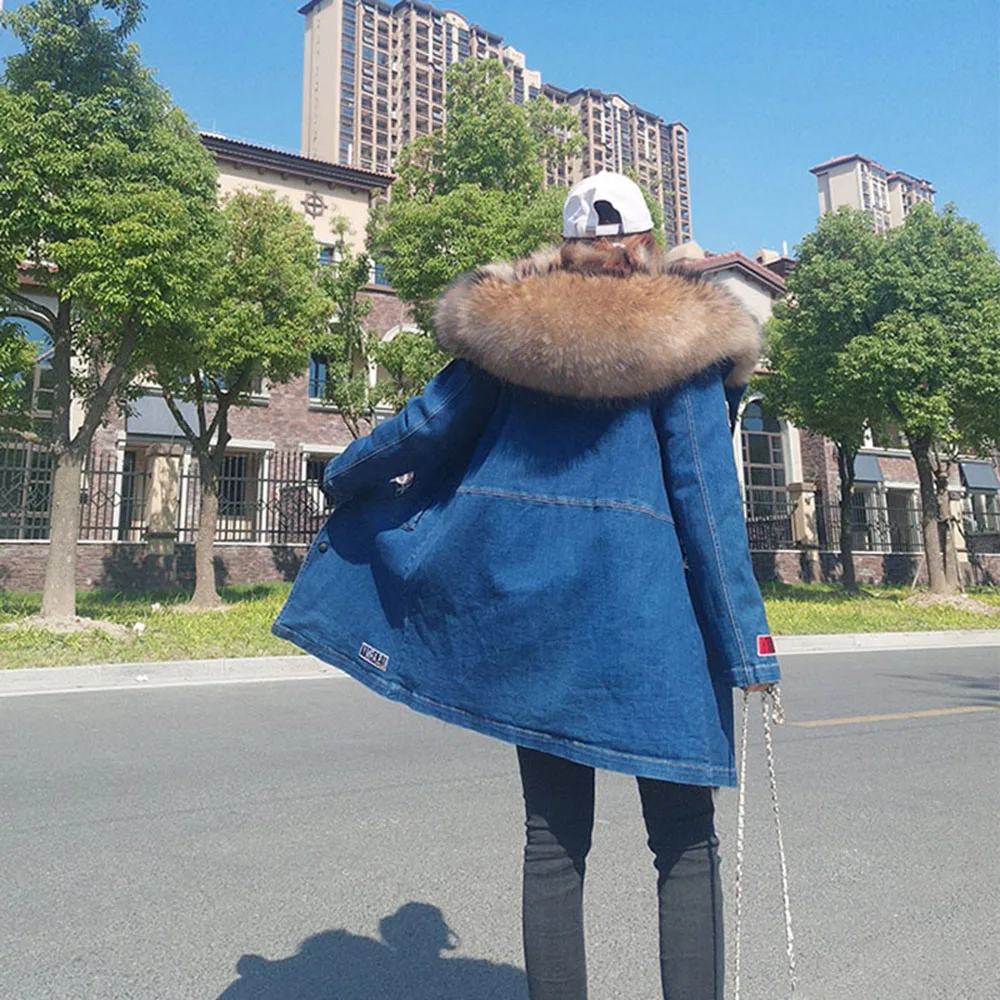 2020 зимняя длинная подкладка из кроличьего меха джинсовая куртка с воротником