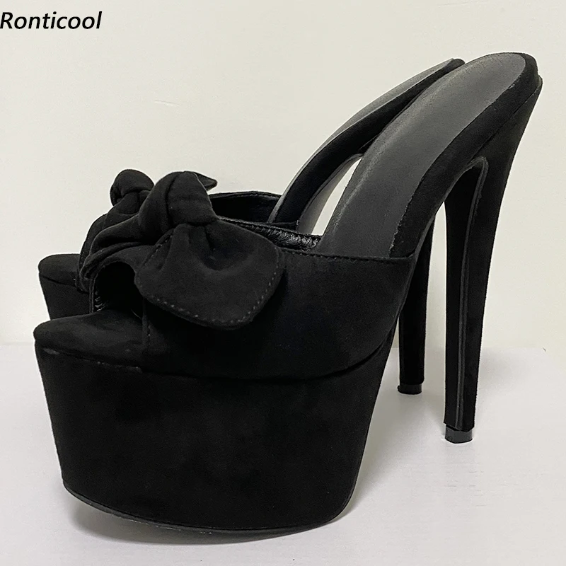 

Ronticool 2021 Women Platform Mules Sandals Butterfly Knot Sexy Stiletto Heels Peep Toe Elegant Black Party Shoes US Size 5-20