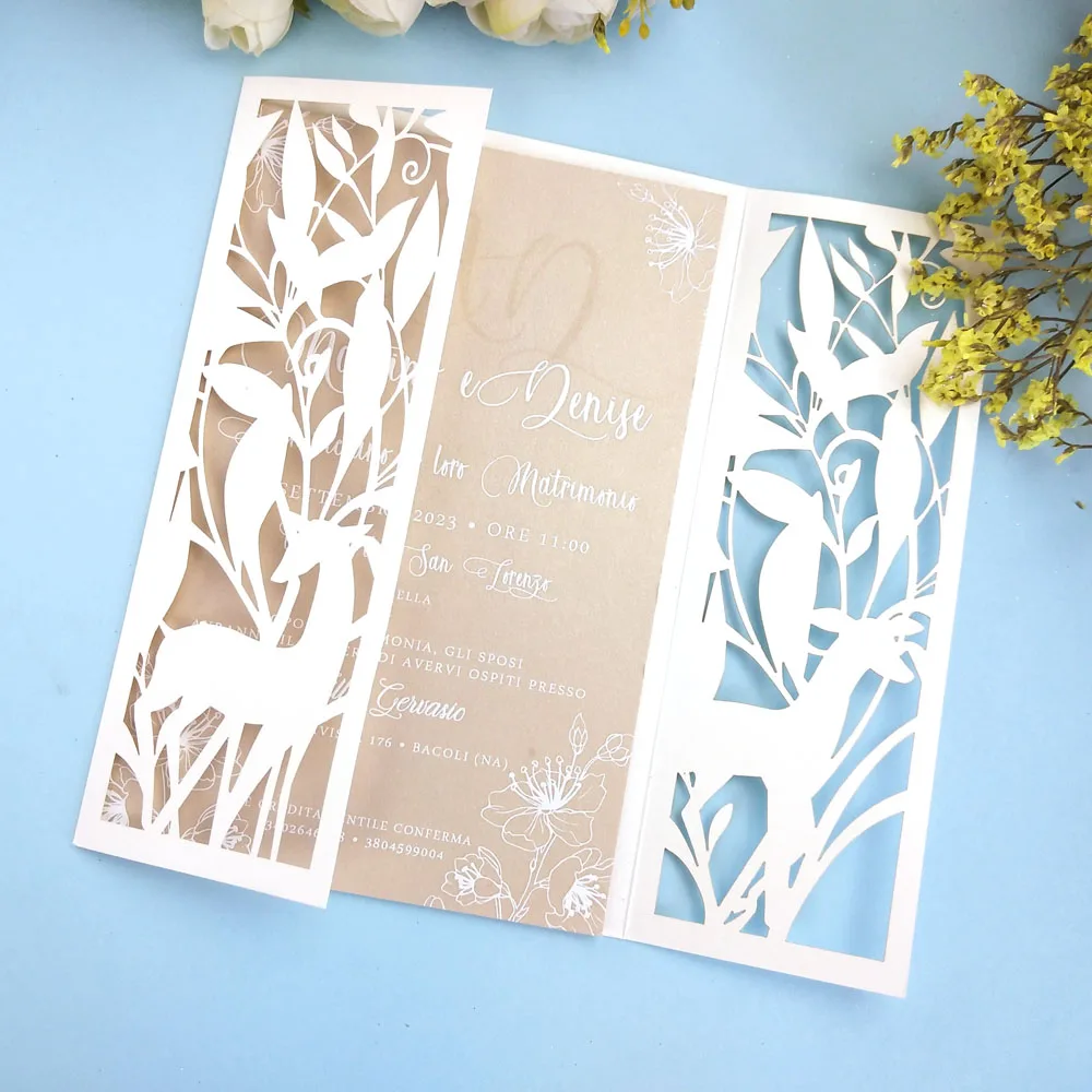 

100pcs/lot Wedding Invitations with Fawn and Hollow Flower Laser Cut Sweet Invites Cards for Birthday Cards Customized Printing