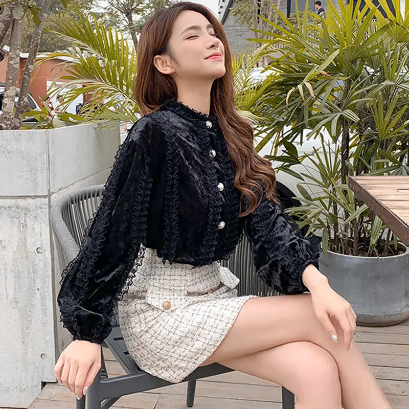 Женская бархатная блузка с длинным рукавом свободная кружевная длинными