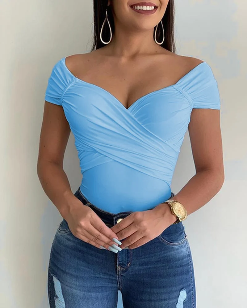 

Blouse Women V Neck Shrot Sleeve Shirts Summer Elegant Office Ladies Slim Fit Off Shoulder Solid Color Womens Sexy Tops
