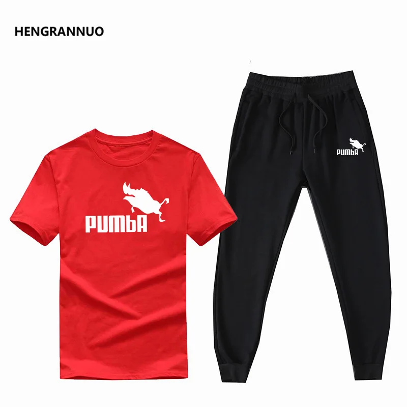 

Новые хлопковые футболки с коротким рукавом + штаны, комплект, модная футболка с принтом "Пумба" для мужчин спортивная мужская брендовая оде...