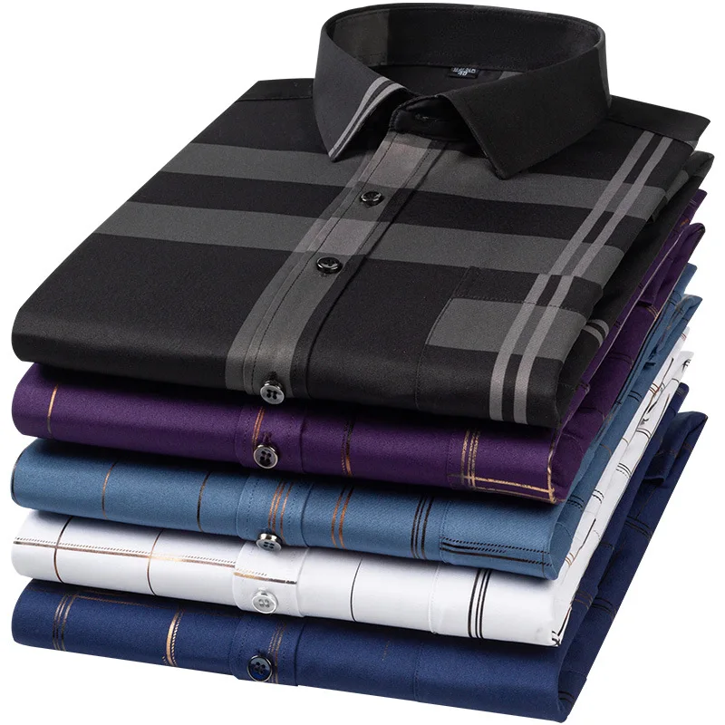 Mens Long Sleeve Shirts Fashion Print Single Pocket Regular Fit Business Shirt Turn Down Collar Plaid Non-iron Casual Shirts