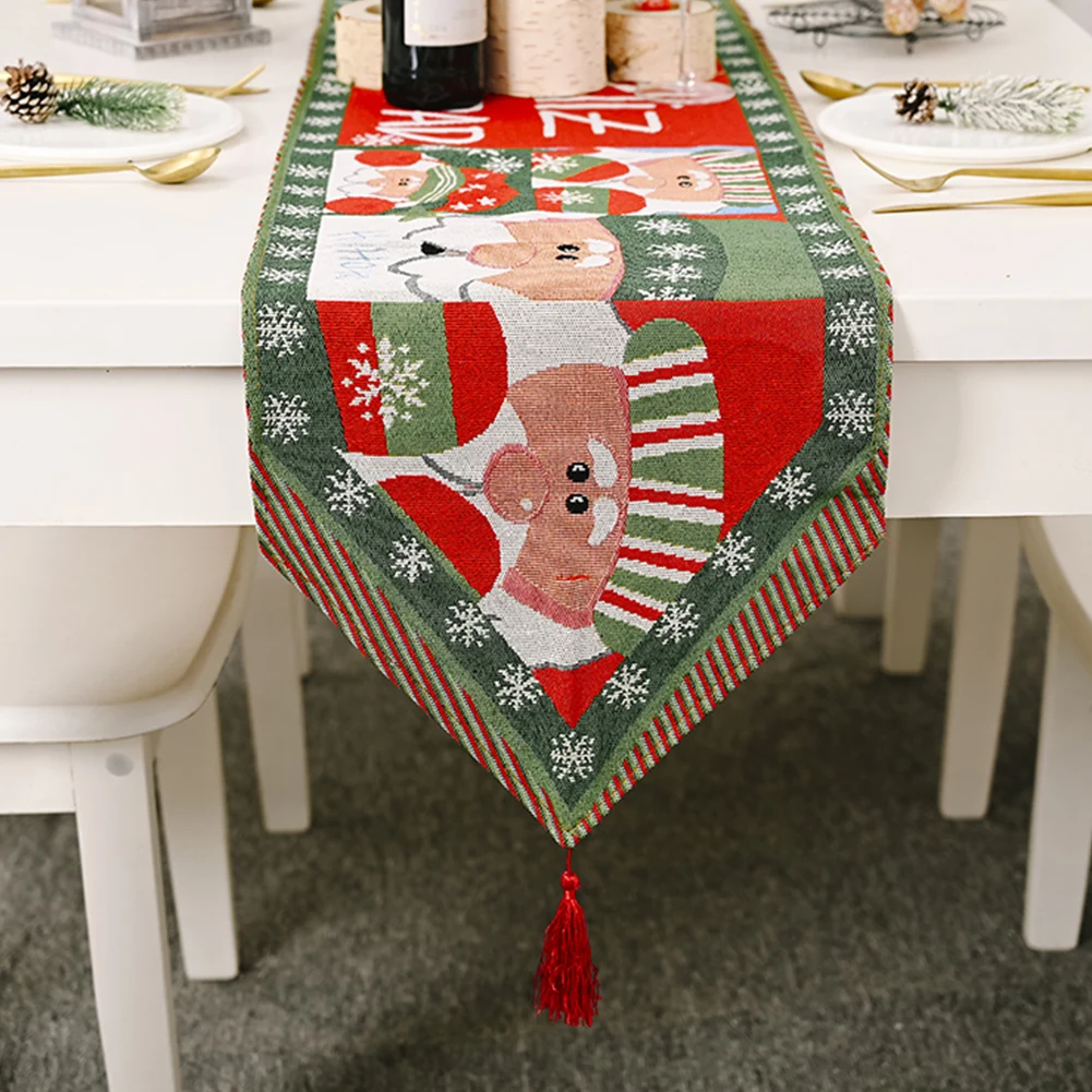 

180cm Christmas Table Flag Xmas Desktop Table Runner Vintage Tablecloth Table Cover for Dinner Ornaments Festival Supplies