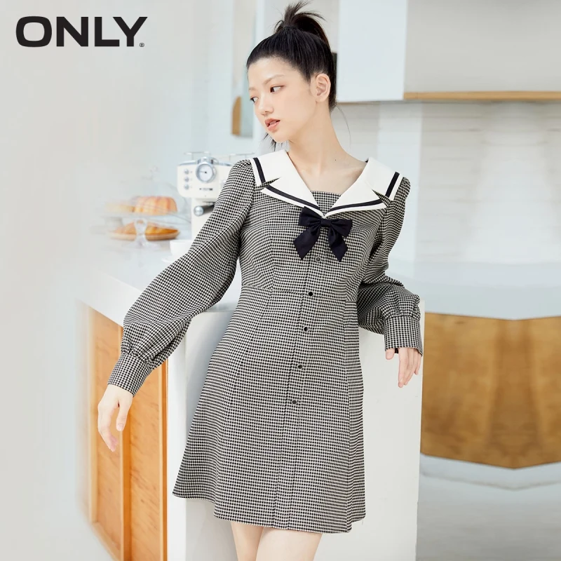 

ONLY winter new style Japanese college style houndstooth design long-sleeved dress female | 121407053