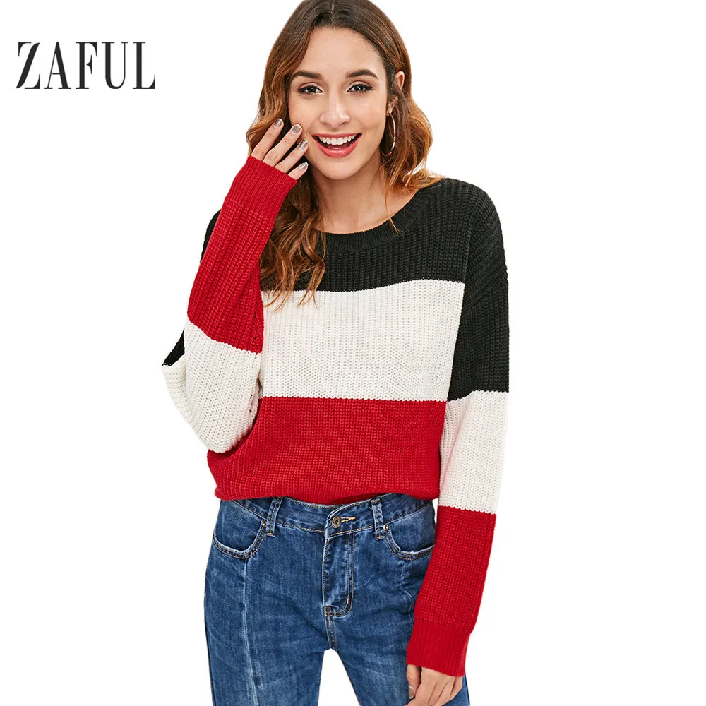 Женский контрастный свитер Zaful зимний Повседневный пуловер в полоску с круглым