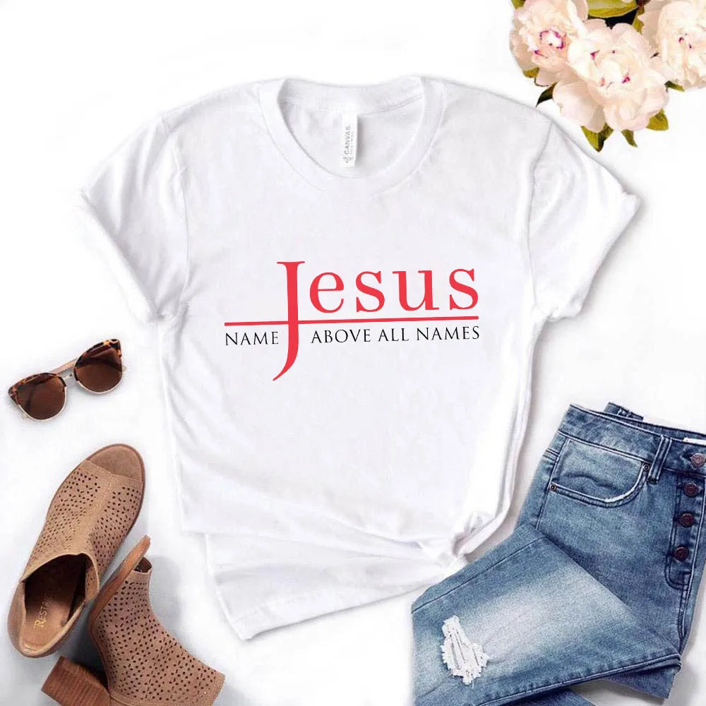 

Casual Short Sleeve Top T-shirt Fashion Female T-shirt Summer Women's T-shirt All Names Above Jesus Name Printed T-shirt