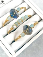 natural labradorite stone nugget beads open cuff bangles women 6mm aquamarines round beads gold couples bracelets bg008amab
