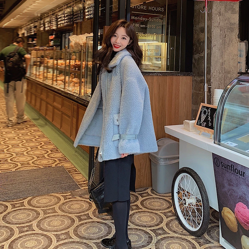 Осень зима 2020 новое корейское Синее Короткое пальто из овечьей шерсти свободное