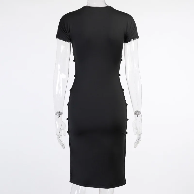 

Spring Lace Slit Skirt High Waist Sexy Dress Black Club Outfit Clothes Side Button Short Sleeve Midi Bodycon Ladies Summer Dress