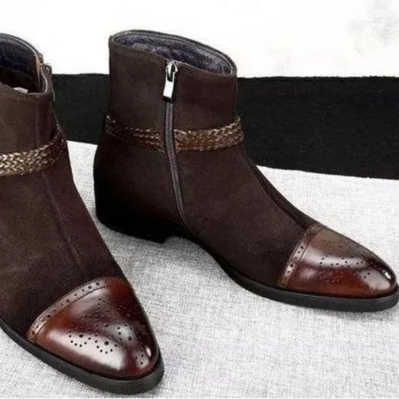 

Autumn New Men PU Leather Stitched Faux Suede Side Zipper Round Buckle Boots Block Carved Boots Business Dress Boots AQ217