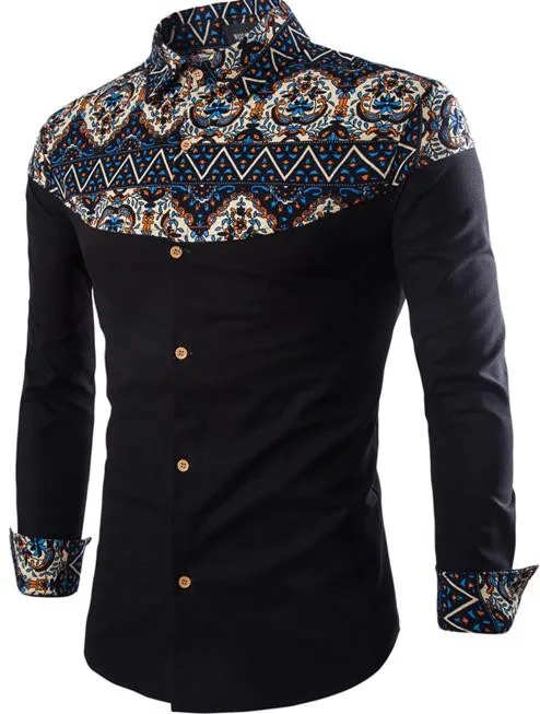 

ZUZK 3colors Good Quality Cotton Blends Men Printing Long Sleeve Shirts Clothes National Wind Flowers Printed Shirts