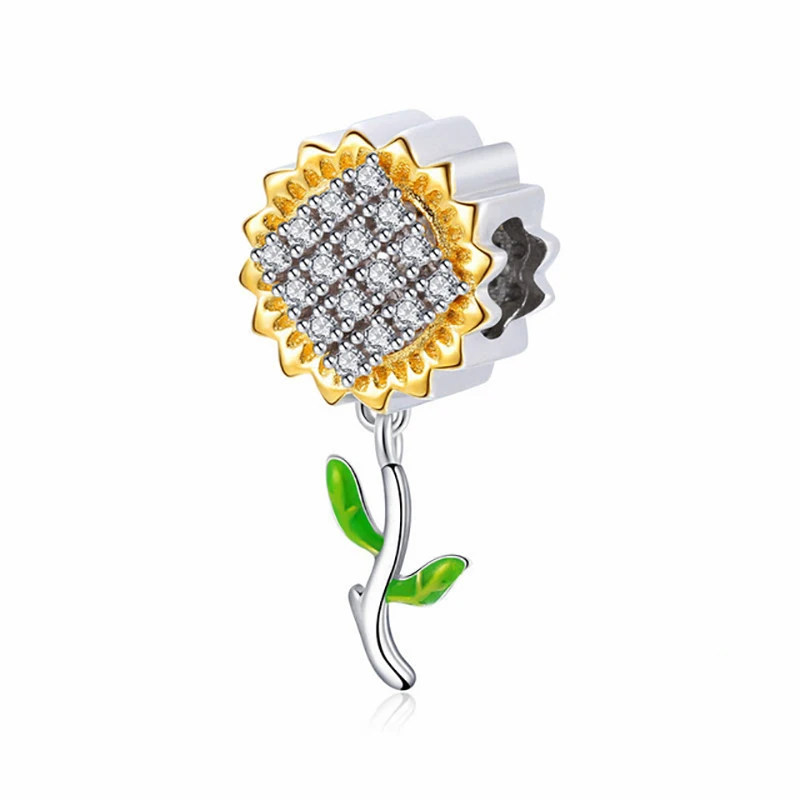 

925 Sterling Silver Beads Gold Color Sunflower Enamel Leaf Charm Fit Original Pandora Bracelet Women DIY Jewelry Making Gift