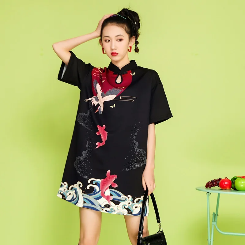 

Традиционное китайское женское ретро платье-Ципао в стиле Харадзюку, винтажное праздвечерние Платье с принтом карпа, для девушек и женщин ...