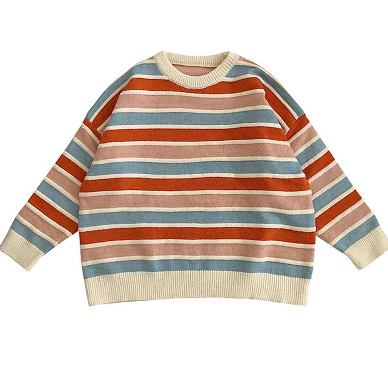 

Colorful Striped Knitted Sweater Women Autumn Winter Loose Pullovers Korean Knitwear Patchwork Warm O-Neck Vintage Outwear X624