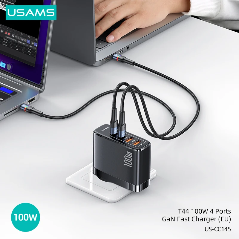 USAMS T44 100 Вт GaN зарядное устройство для быстрой зарядки 4 в 1 адаптер PD QC быстрое