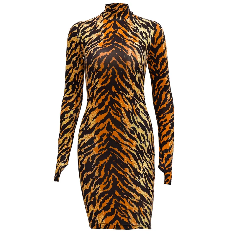 

2019 Tiger Print Long Sleeve Sexy Mini Dress Autumn Winter Women Streetwear Club Party Streetwear Outfits