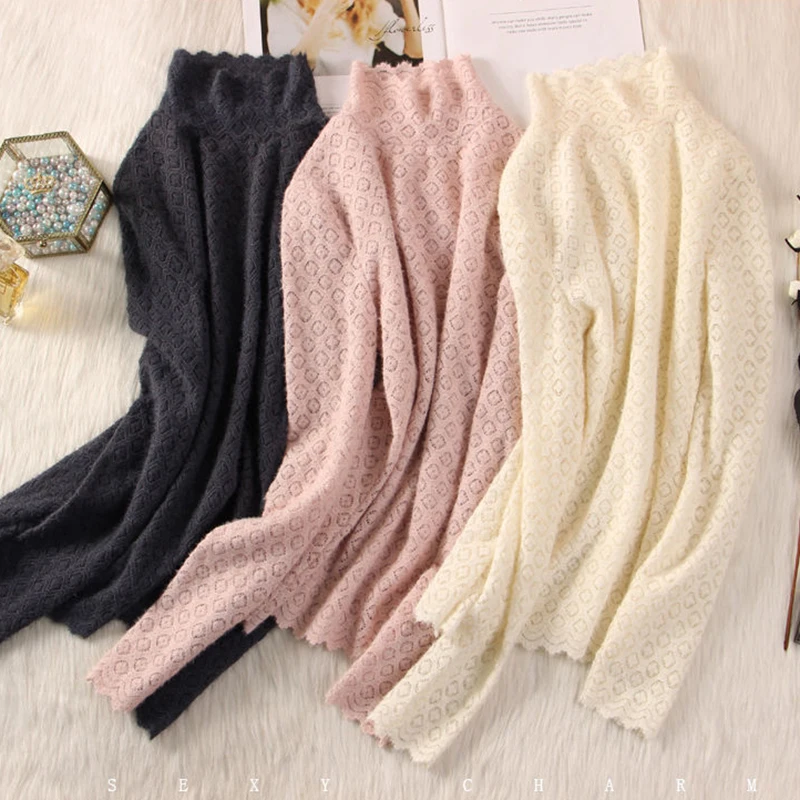 Женский бархатный пуловер с длинным рукавом утепленный кружевной высоким