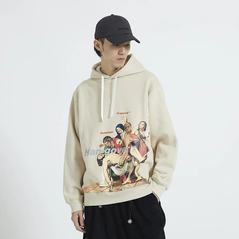 EFUNGAL Funny Mona Lisa Printed Long Sleeve Hooded Streetwear Men 2019 Harajuku Hip Hop Retro Hoodie | Мужская одежда