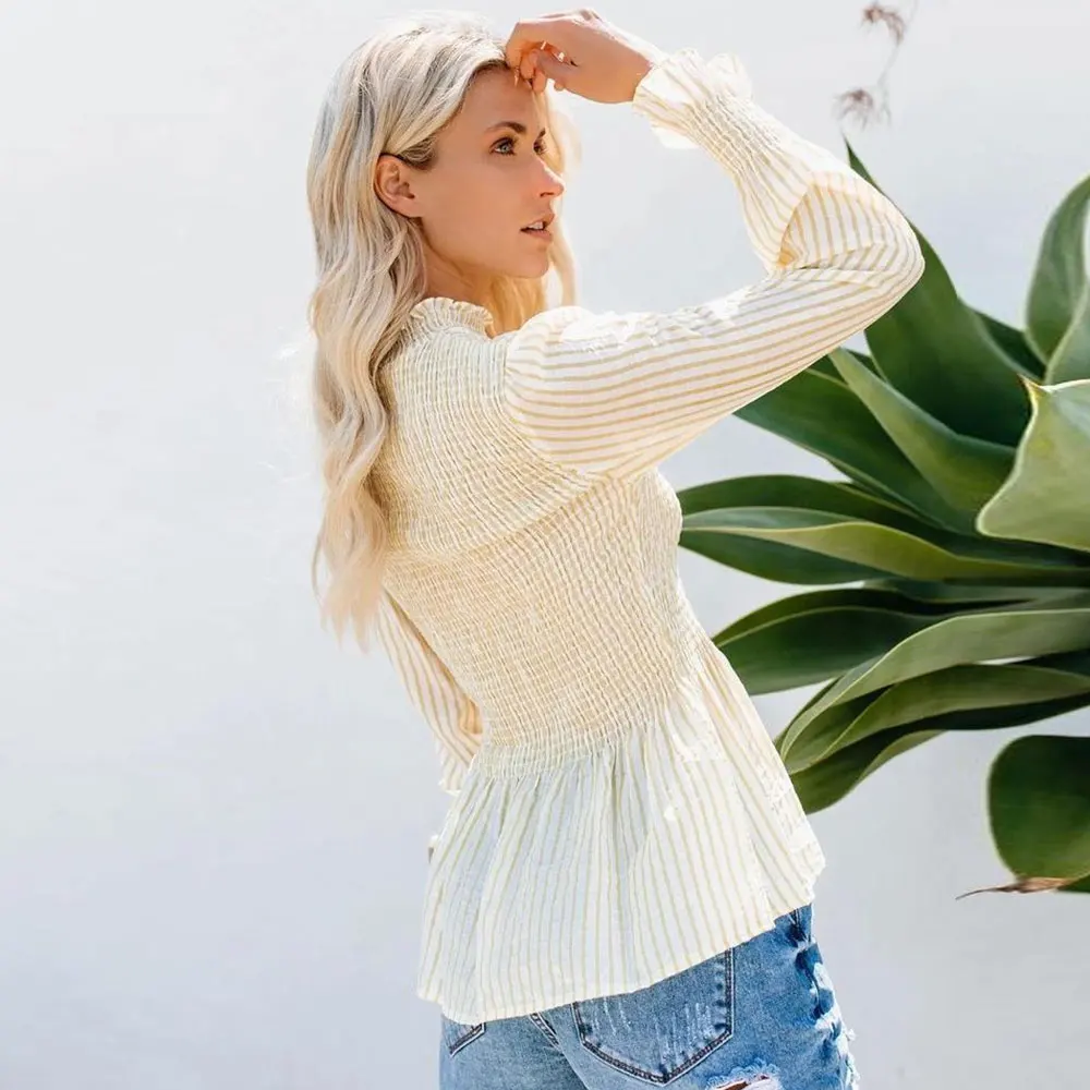 WildPinky элегантная бежевая полосатая блузка рубашка женская сексуальная с рюшами