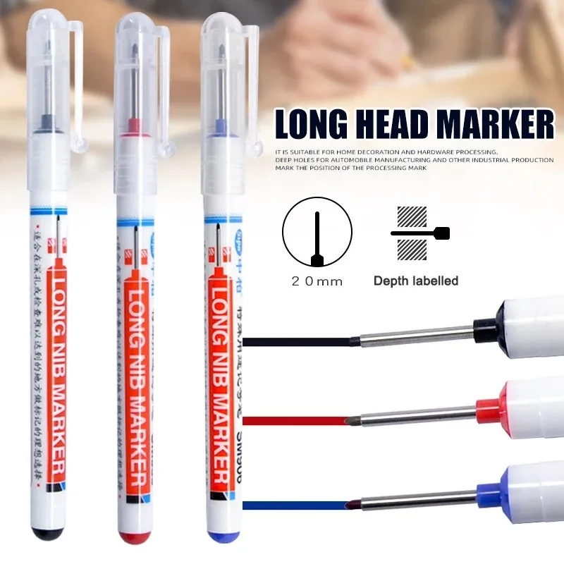

3PCS 20mm Long Head Markers Pen Multi-purpose Deep Hole Marker Pens Woodworking Marker Pen Pens Pen Red/Black/Blue Ink