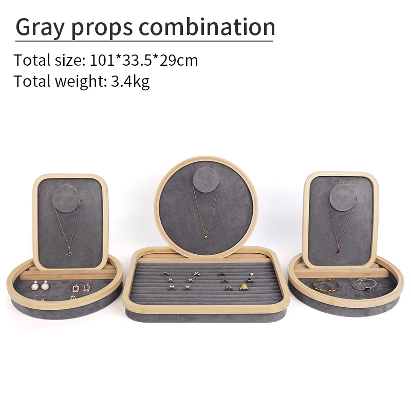 

Multifunction Gray Solid Wood Microfiber Jewelry Display Prop Tray For Femal Ring Earring Pendent Bracelet Showcase Stand Holder