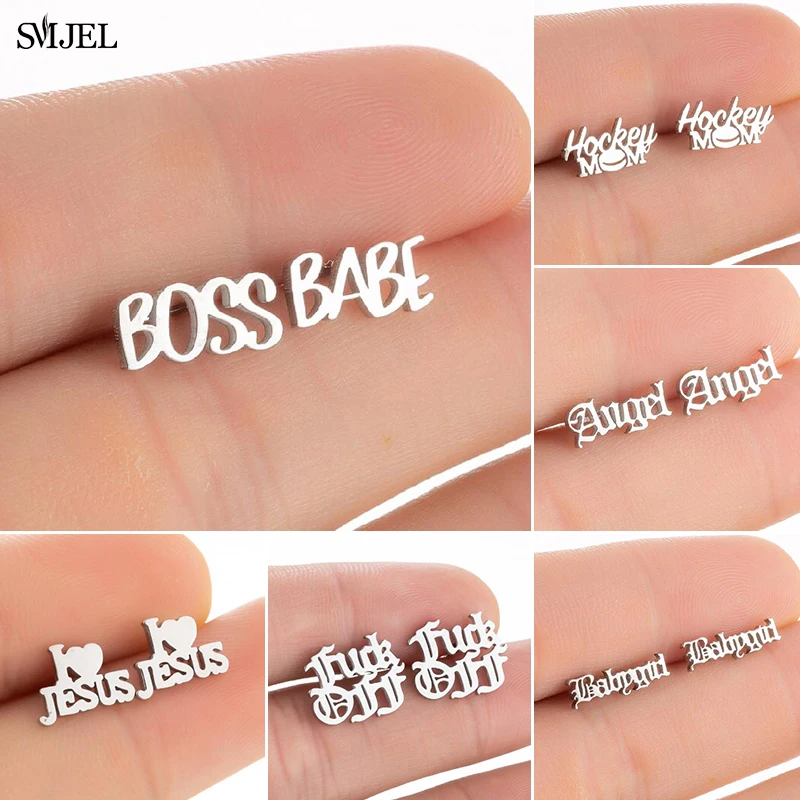 

2021 New Stainless Steel English Alphabet Earring for Women Black Boss Babe Angel Jesus Love Letter Earring Party Jewelry Studs