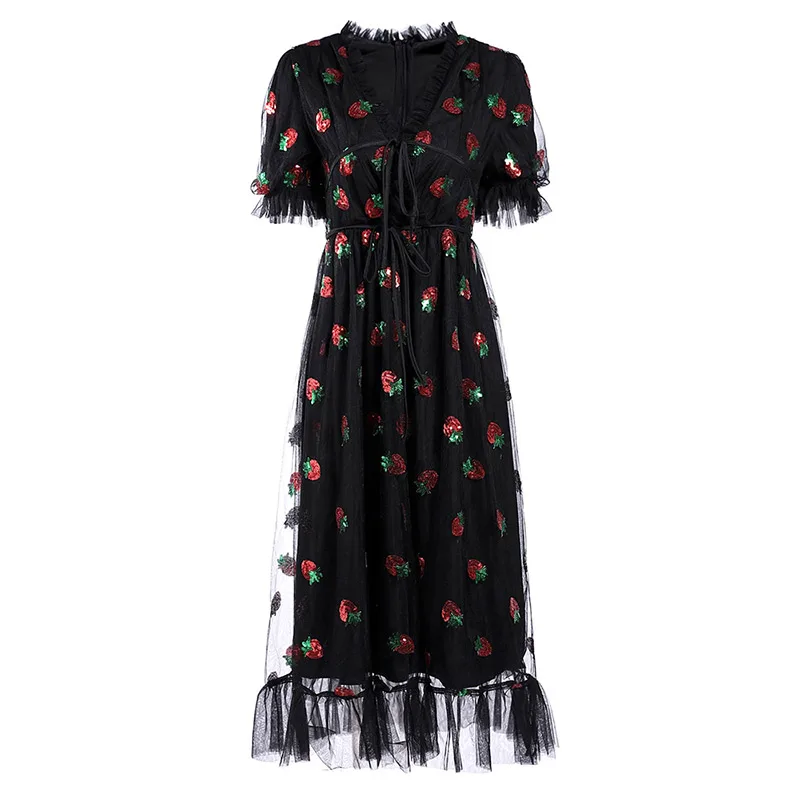 

Seifrmann Women Summer Fashion DesignerMidi Dress Short Sleeve Bow Lace Up Sequined Elegant Female Party A-Line Dresses 2021