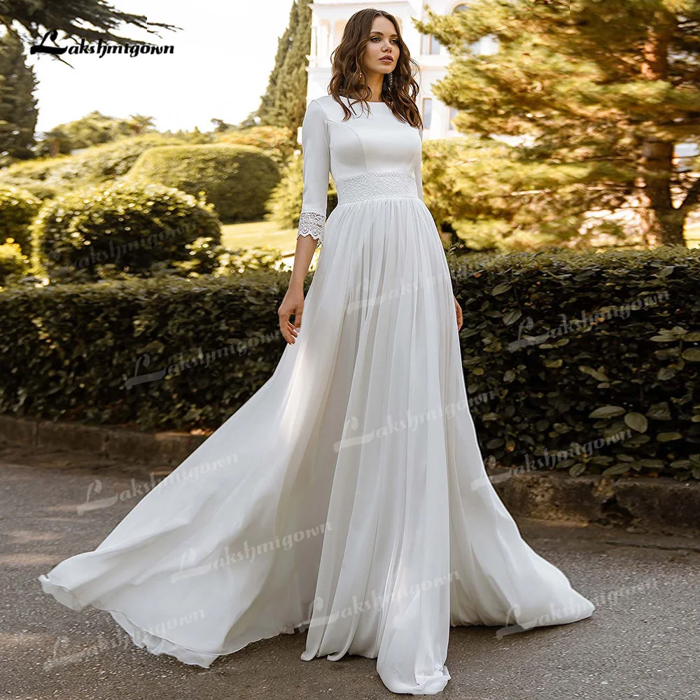 

Simple Chiffon A-Line Wedding Dresses O-Neck Half Sleeve Sweep/Brush Train Bride Gowns Lace Vestidos Elegantes Para Mujer Pleats