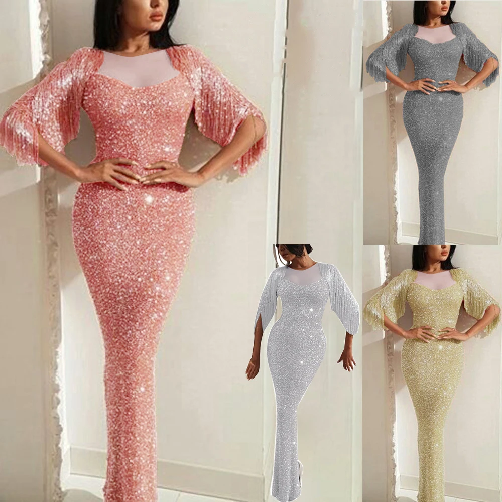 

Long Tight Party Dresses Sexy Sequinis Women Sexy Elegant Tassel Ladies Evening Formal Wedding Night Club Occasion Plus Size