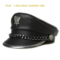 mens genuine leather hat flat top badge locomotive retro military caps students punk cortical chain gorra novelty winter caps