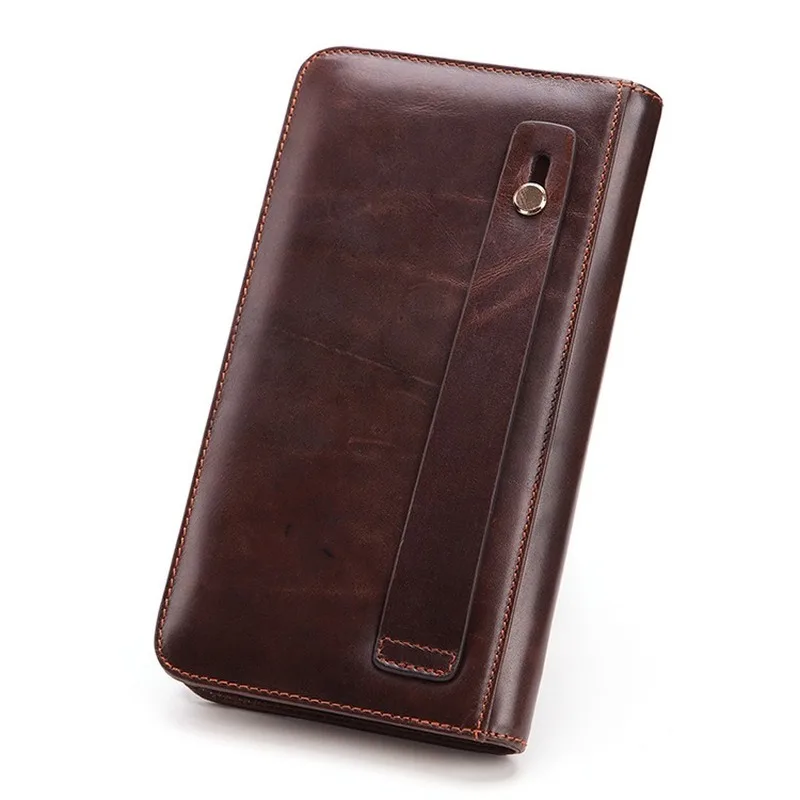 Kopen Zakelijke Mannen Handtassen Lederen Koppelingen Eerste Laag Koeienhuid Portemonnee Multi-Card Rits Portemonnee Mobiele Telefoon Tas Grote Capaciteit