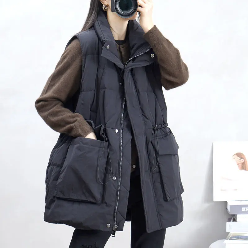 

2021 Women Autumn Vintage Solid Loose Vest Lady Pockets Stand Collar Long Cotton Padded Vest Female Windproof Warm Waistcoat M32