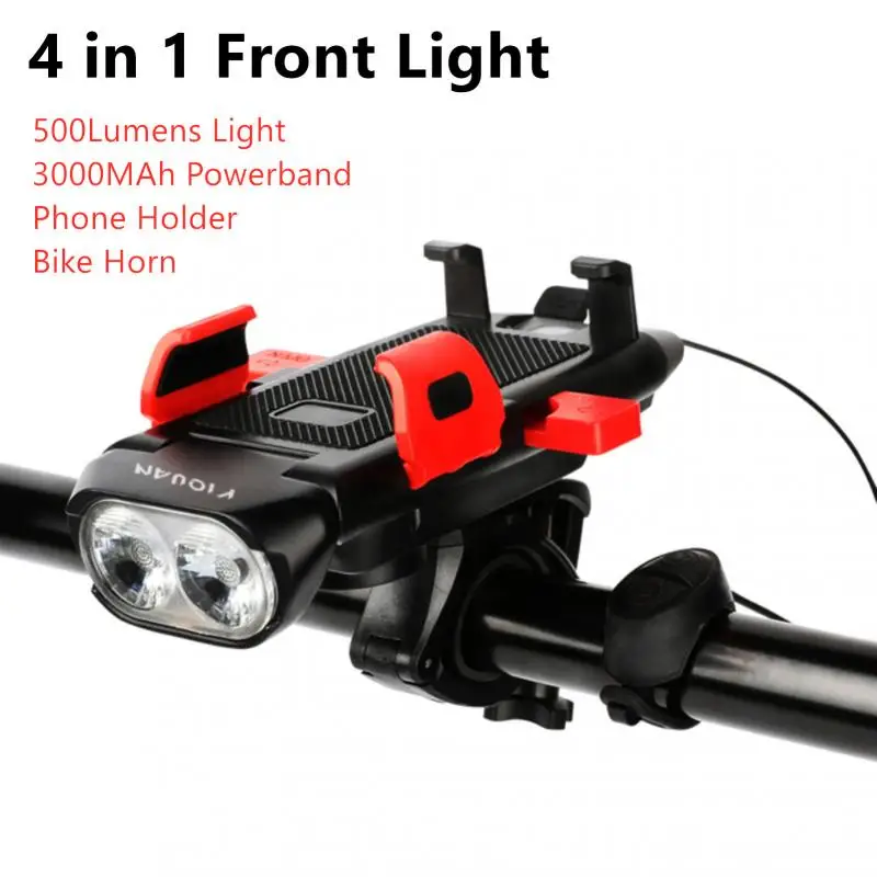 

4 In 1 LED Bicycle Light Flashlight Rainproof USB Rechargeable MTB Horn Alarm Bell Phone Holder Power Bank Bike Accessories