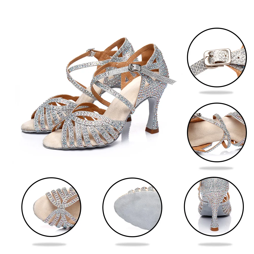 Dancing High Heels For Women Latin Dance Sandals Ballroom Tango Salsa Shoes For Dancing Colorful Rhinestone Soft Sole Customized