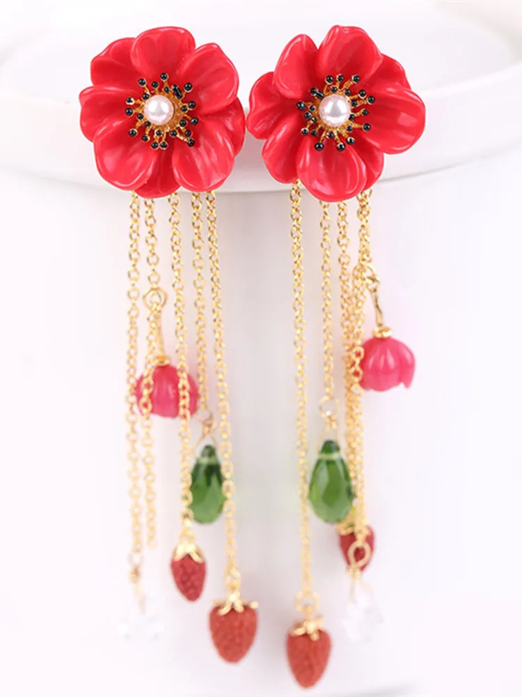 

Female Trendy Temperament Korean Personality Wild Red Flower Strawberry Crystal Pendant Long Tassel Bridal Stud Earring Earrings